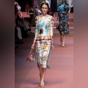 DOLCE GABBANA MAMMA PRINT KNEE LENGTH MIDI SILK DRESS IT40 SMALL MAJOLICA LEMON